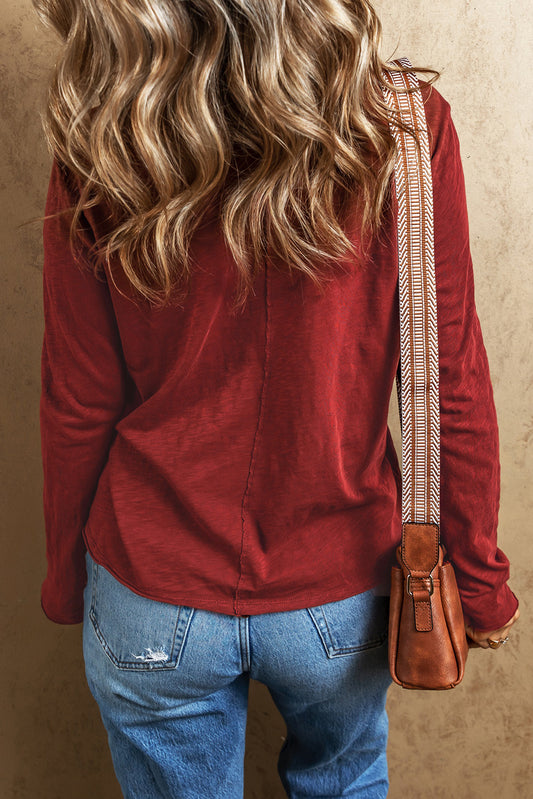 Rose Red V Neck Center Seam Long Sleeve Tee