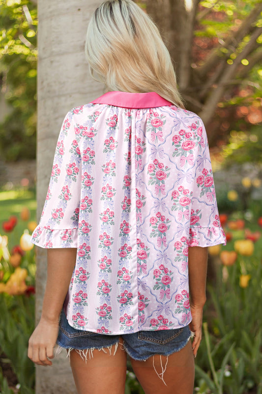 Purple Floral Collared Ruffled Half Sleeve Shirt