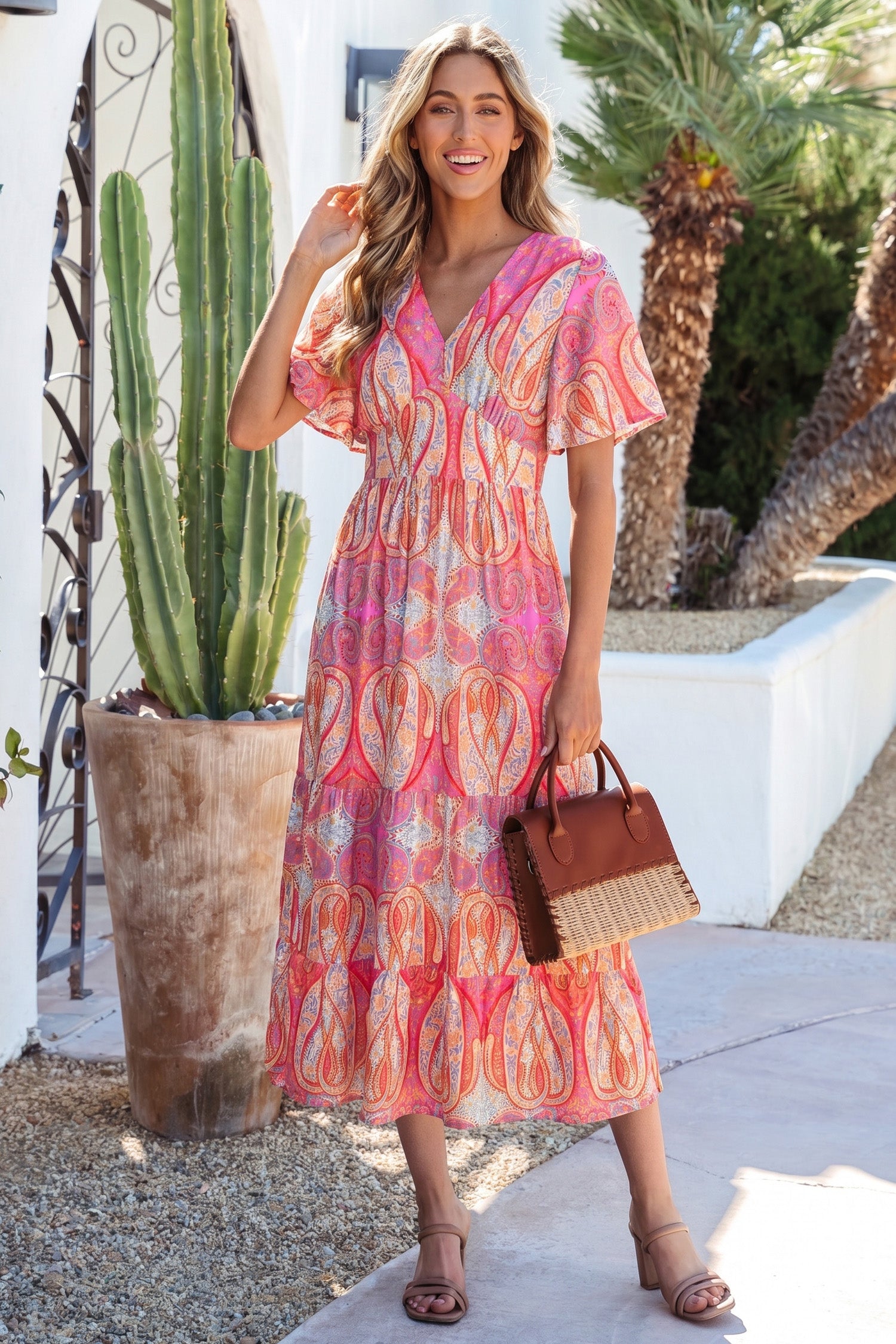 Multicolour Paisley Print V-Neck Short Sleeve Boho Maxi Dress with Ruf – HannaBanna Clothing Multicolour Paisley Print V-Neck Short Sleeve Boho Maxi Dress with Ruf – HannaBanna Clothing