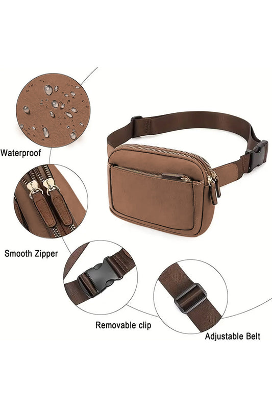 Bolso Bandolera Minimalista Camel Con Múltiples Cremalleras