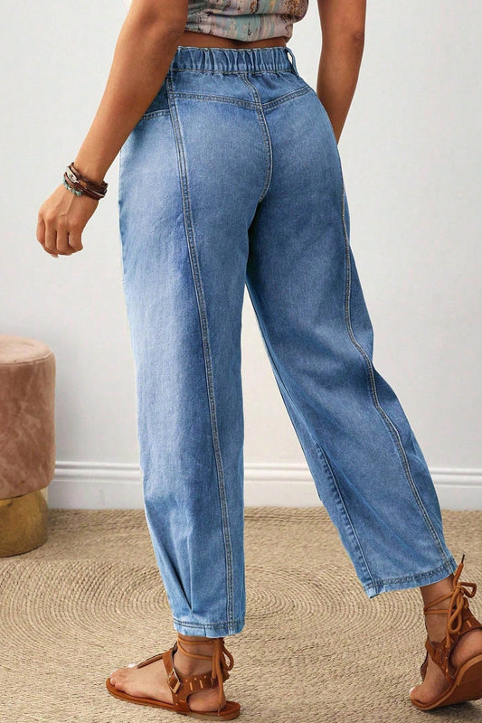Beau Blue Decorative Seam Patchwork Detail Solid Color Jeans