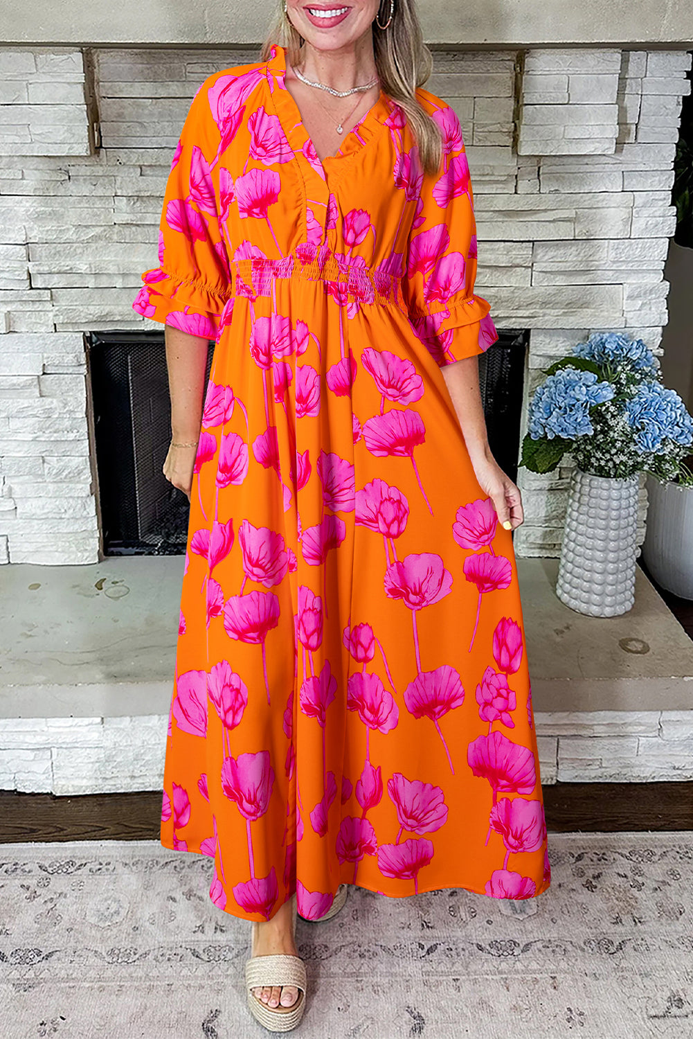 3 4 sleeve floral maxi dress Orange Floral Print Frilly Smocked V Neck 3/4 Sleeve Long Dress –  HannaBanna Clothing