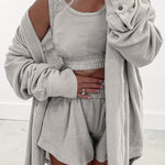 Gray 3 Pcs Crop Tank Top Shorts with Cardigan Lounge Set