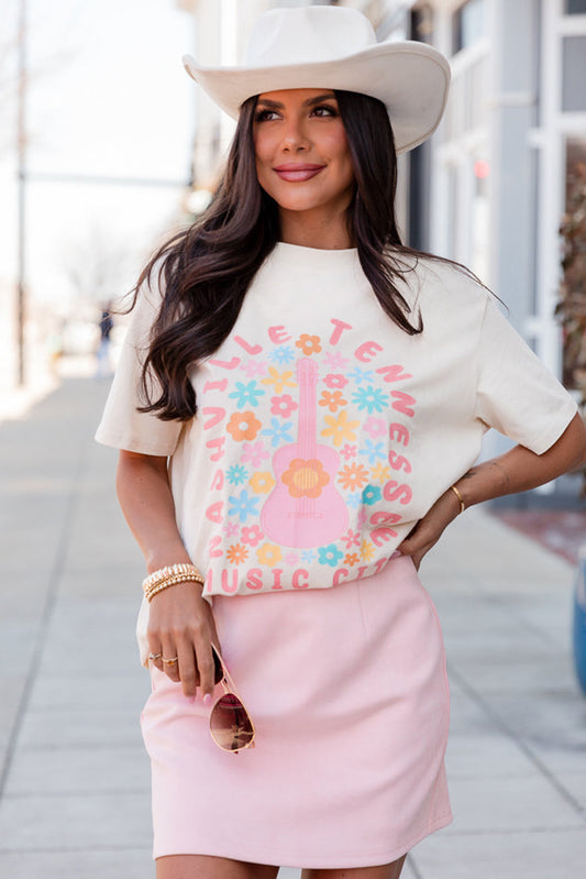 T-shirt graphique blanc à slogan NASHVILLE avec guitare florale