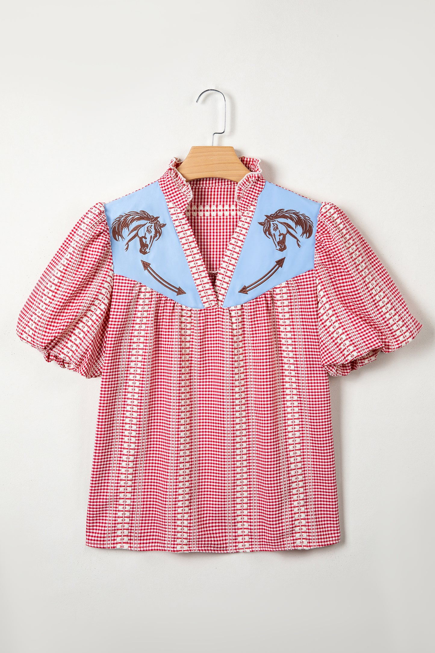 Brown Western Pony Embroidered Yoke Puff Sleeve Gingham Blouse