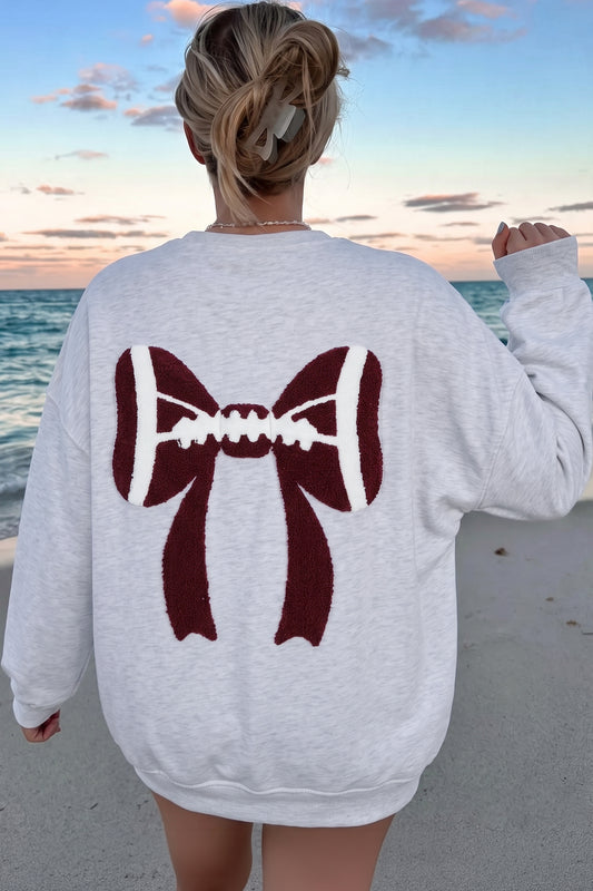 Gray Chenille Embroidered Rugby Bow Game Day Oversized Sweatshirt