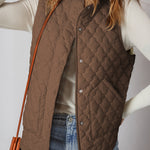 Dark Brown Flower Shape Quilted Snap Button Zip Up Winter Vest