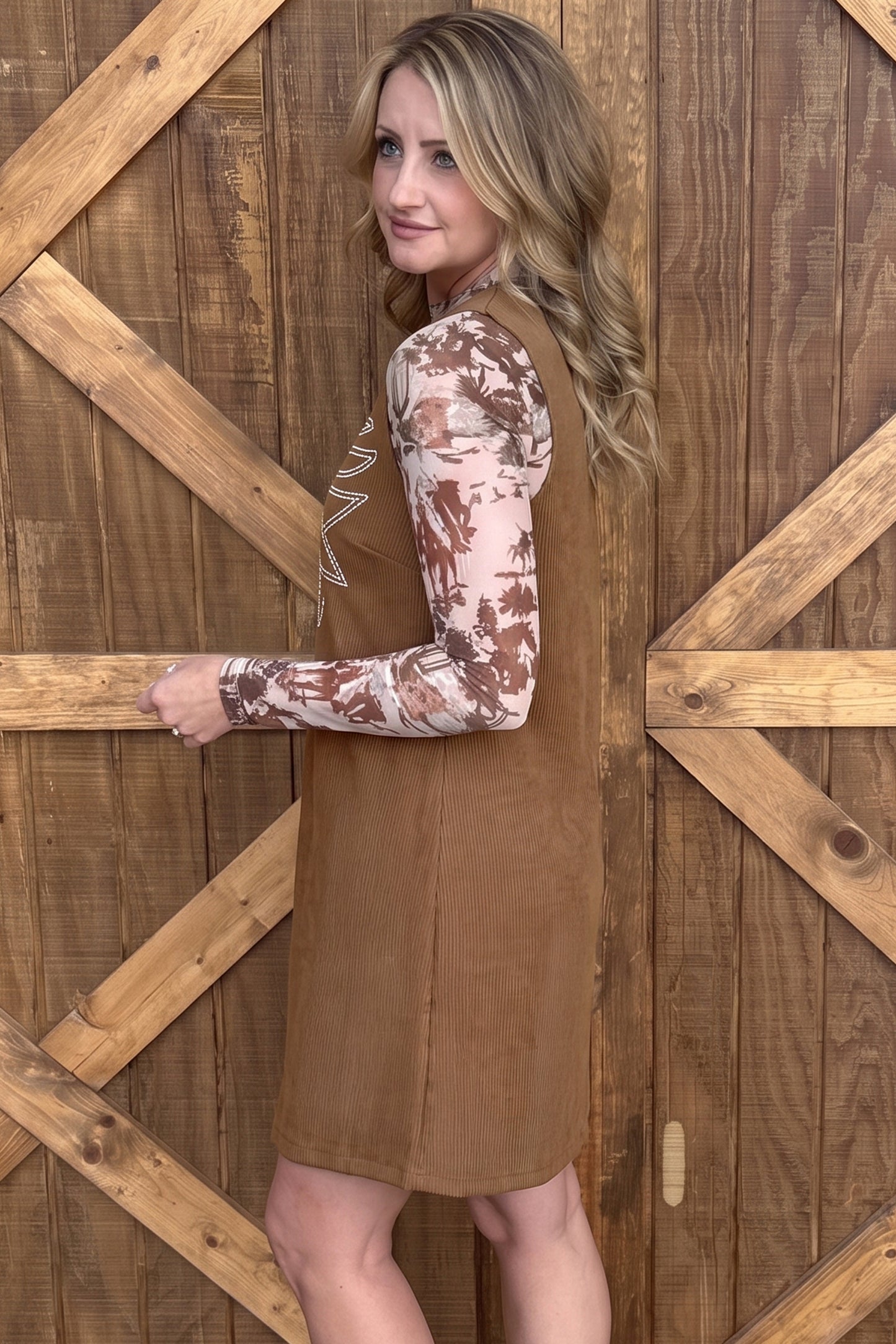 Coffee Geometric Embroidery Sleeveless Corduroy Shift Dress
