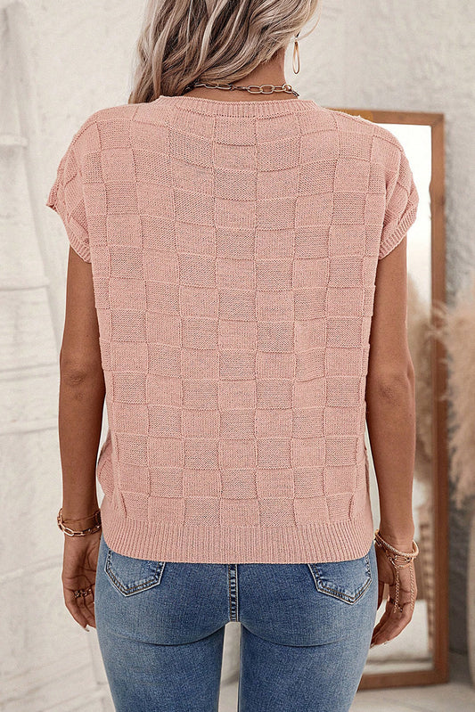 Pull à manches courtes en tricot texturé à motif treillis rose poudré