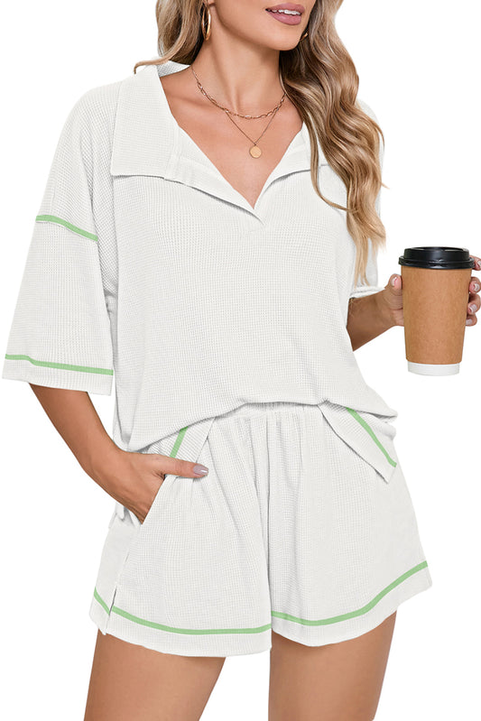 White Breathable Waffle Color Block Trim 2pcs Casual Short Set