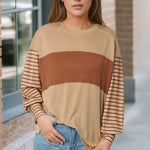 Light French Beige Colorblock Striped Bishop Sleeve Top