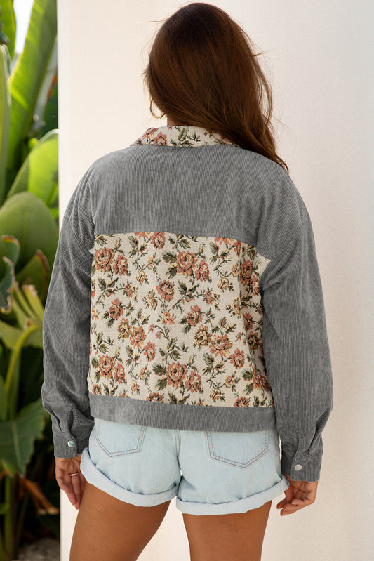 Medium Grey Ribbed Retro Floral Patchwork Shirt Style Jacket