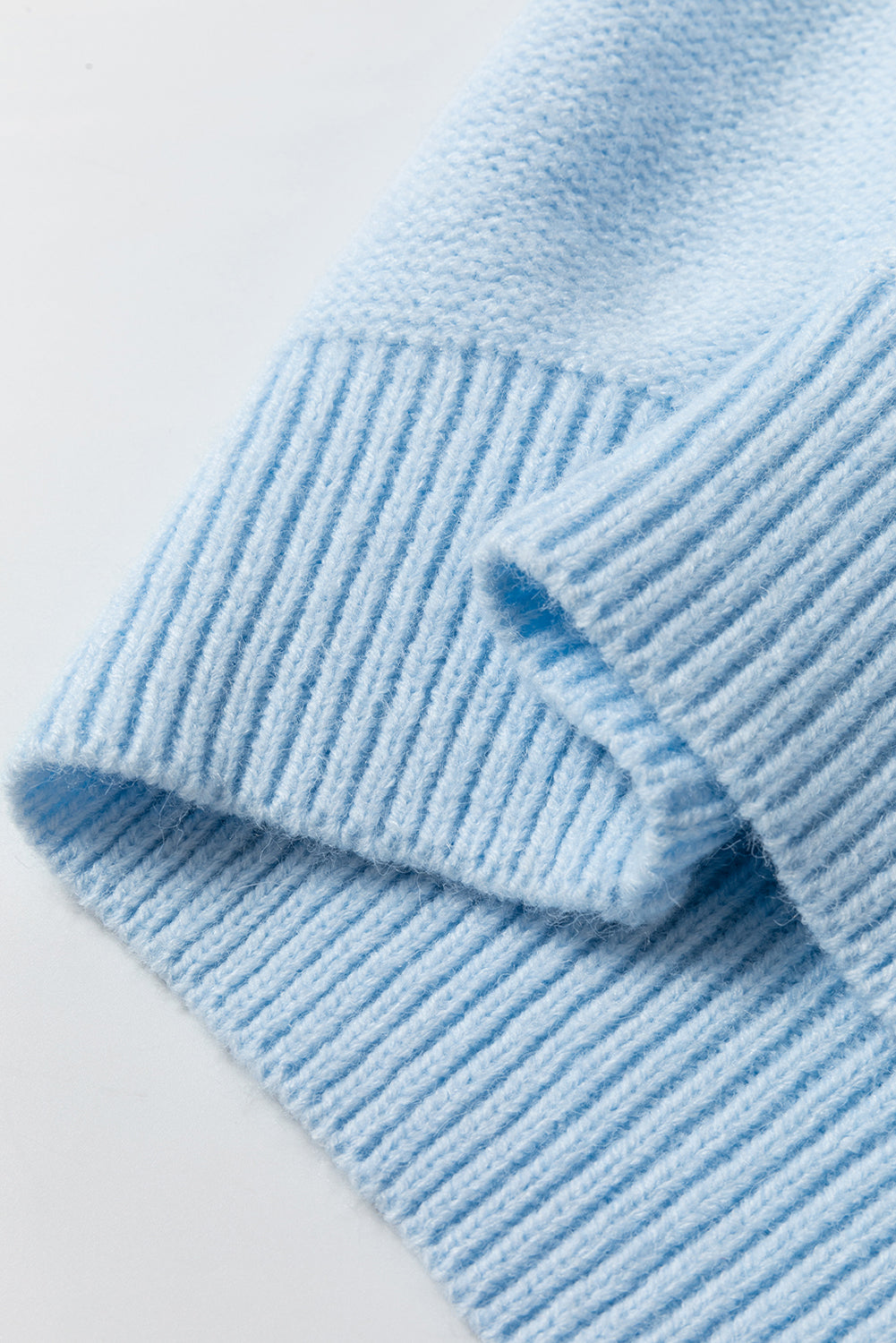 Light Blue Knitted Flower Pattern Ribbed Edge Sweater