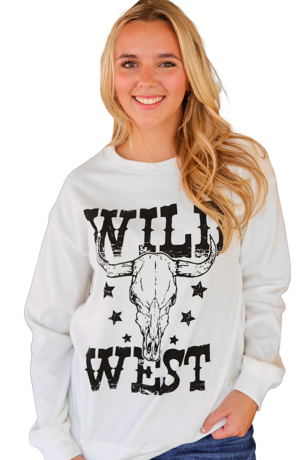 Sweat-shirt côtelé blanc à motif tête de mort WILD WEST
