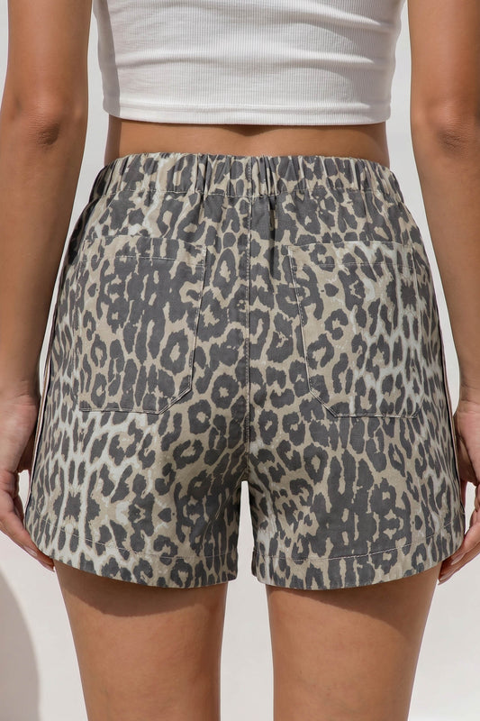 Multicolour Leopard Pattern Striped Detail Drawstring Denim Shorts