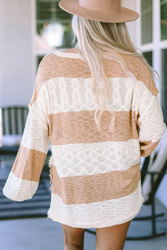 Pull Henley kaki oversize à blocs de couleurs et à col effiloché