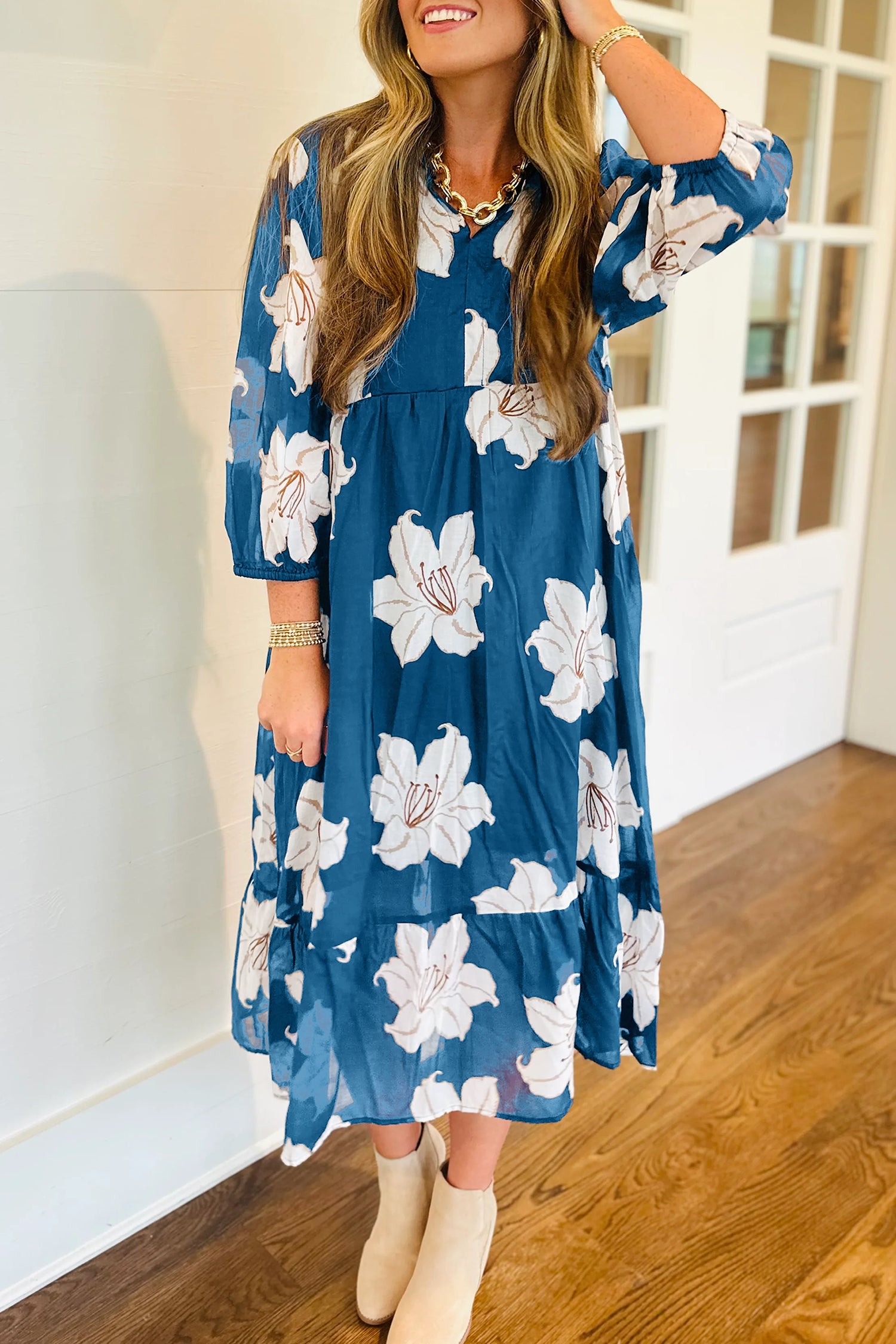 floral midi dress 3/4 sleeve Blue Floral Print Shirt Collar V Neck 3/4 Sleeve Shift Midi Dress –  HannaBanna Clothing