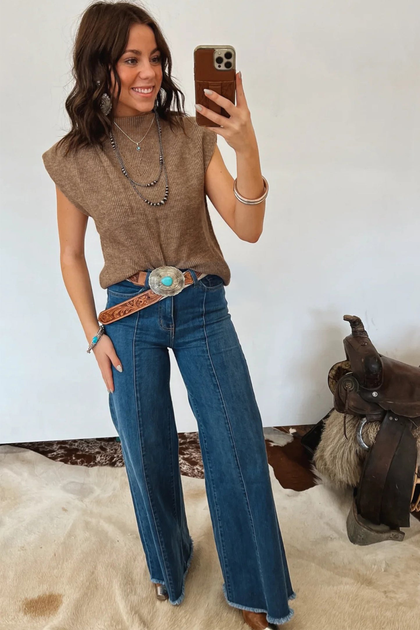 Light French Beige Solid Color Ribbed Knit Mock Neck Loose Sleeveless Sweater