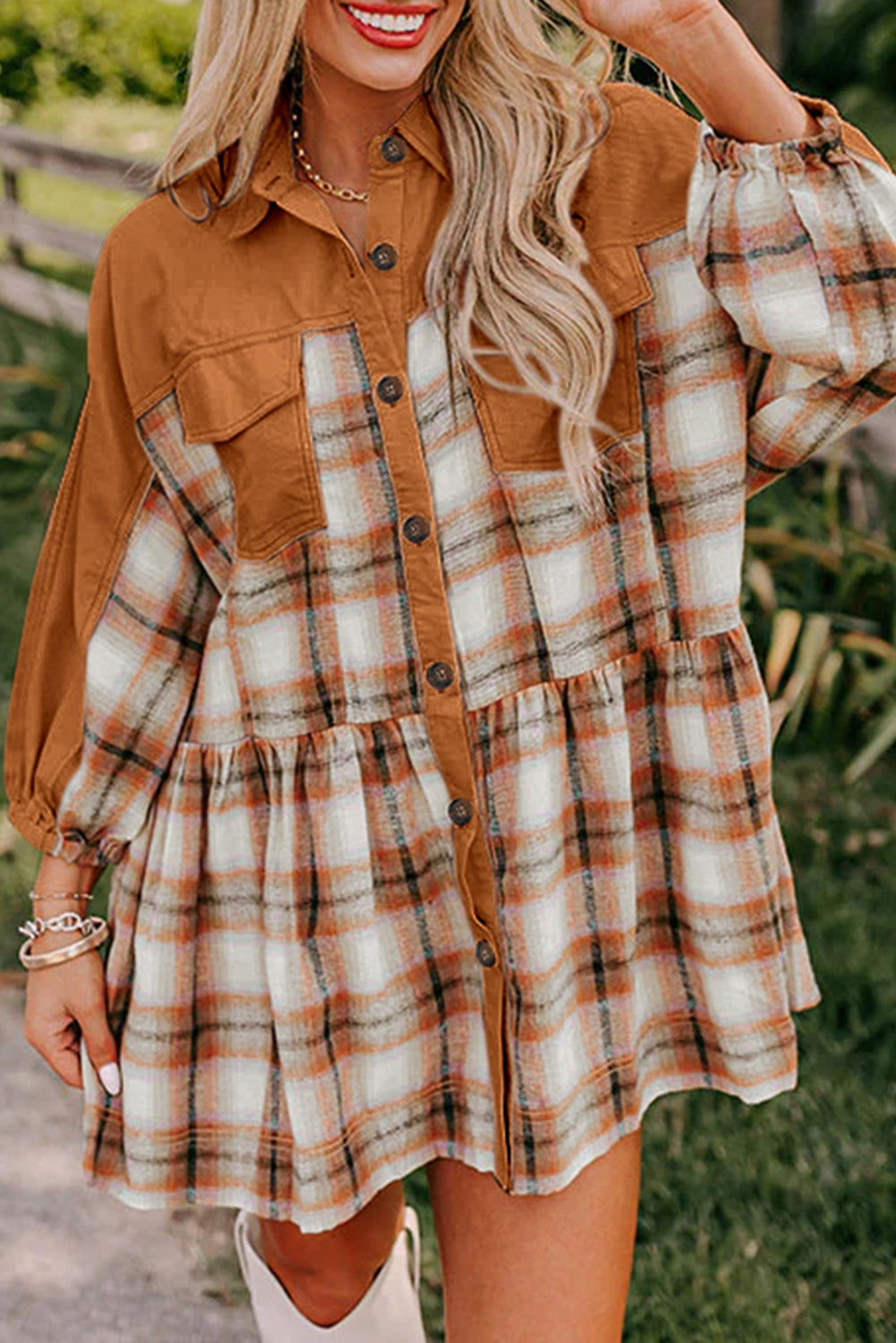 color block shirt dress Rust Fall Plaid Color Block Button Down Mini Dress Rust / M / 59%Polyester+41%Cotton
