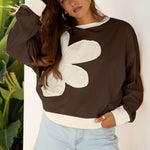 Coffee Raw Edge Flower Patch Drop Shoulder Casual Top