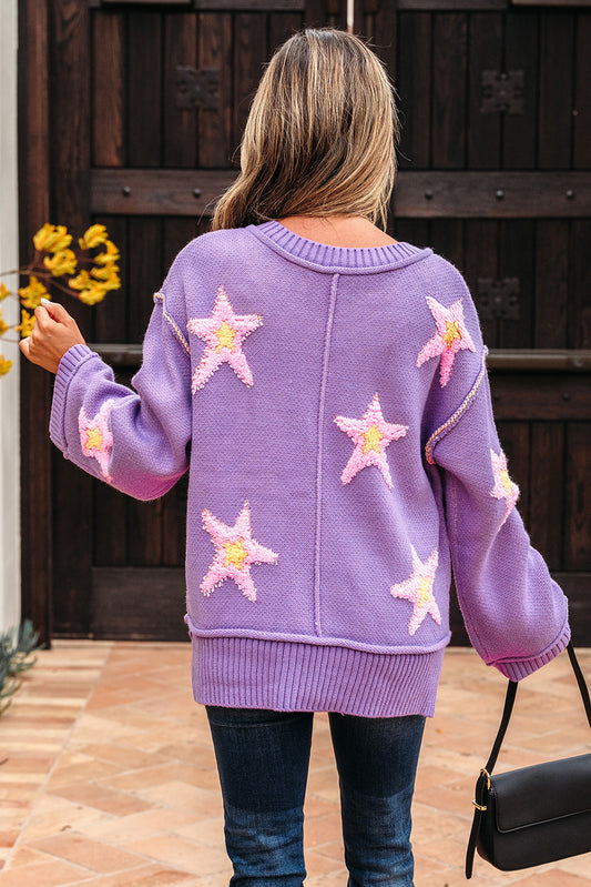 Lavendula Brushed Star Graphic V Neck Drop Shoulder Oversize Sweater