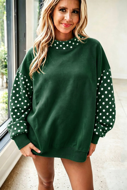 Evergreen Polka Dot Contrast Round Neck Long Sleeve Baggy Sweatshirt