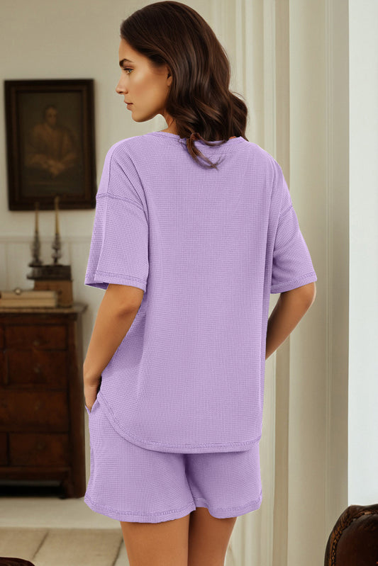 Orchid Petal Solid Color Waffled V Neck Loose Tee Drawstring Shorts Set