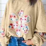 Pale Khaki Floral Applique Baggy Pullover Sweatshirt