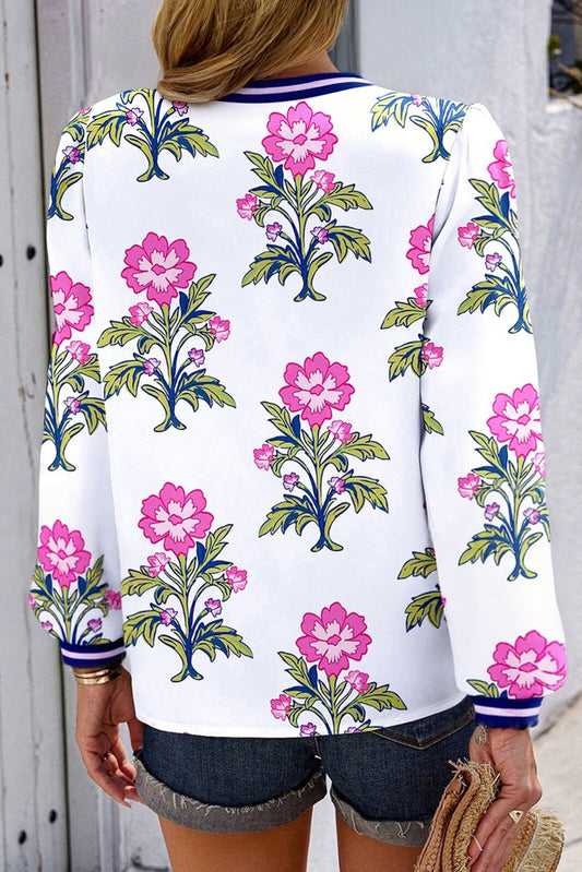 White Floral Print Striped V Neck Blouse