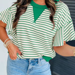 Bright Green Contrast Detail Striped Ruffle Short Sleeve Top