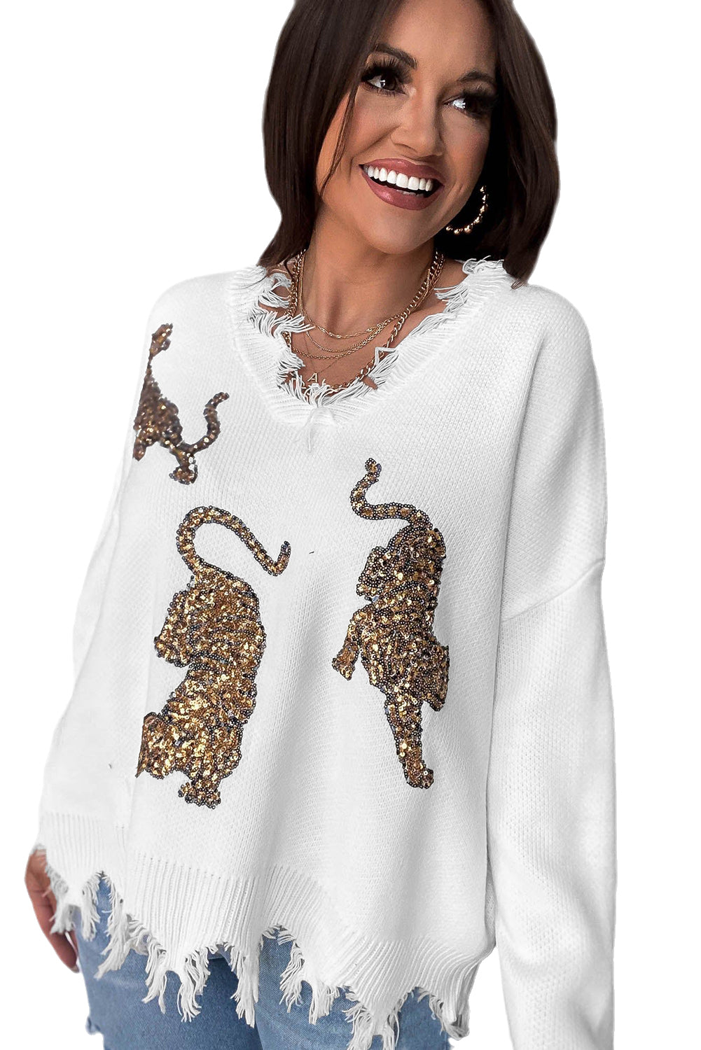 Pull tigre blanc à paillettes effilochées