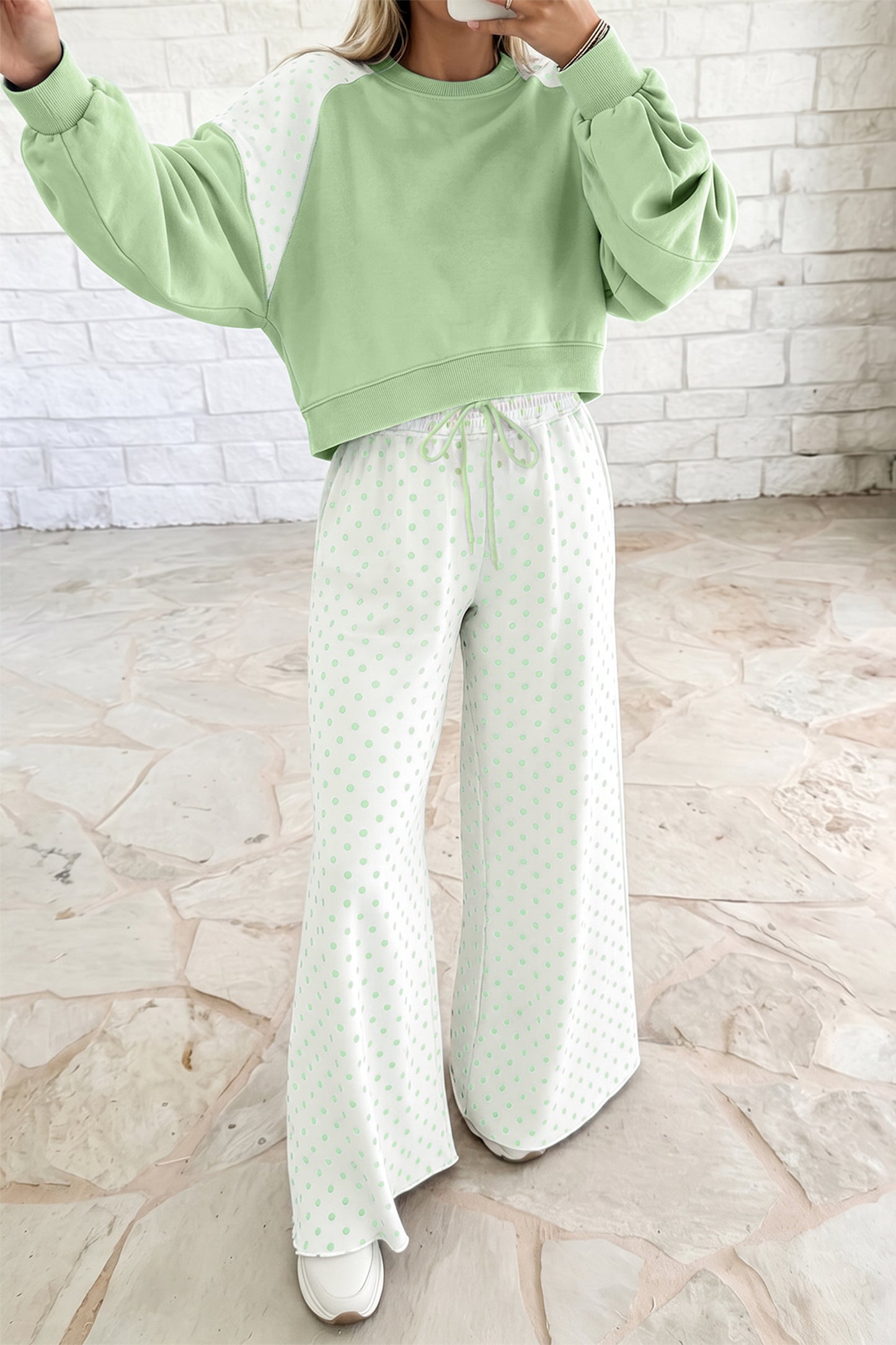 Green Polka Dot Patchwork Colorblock Long Sleeve Casual Two Piece Pants Set