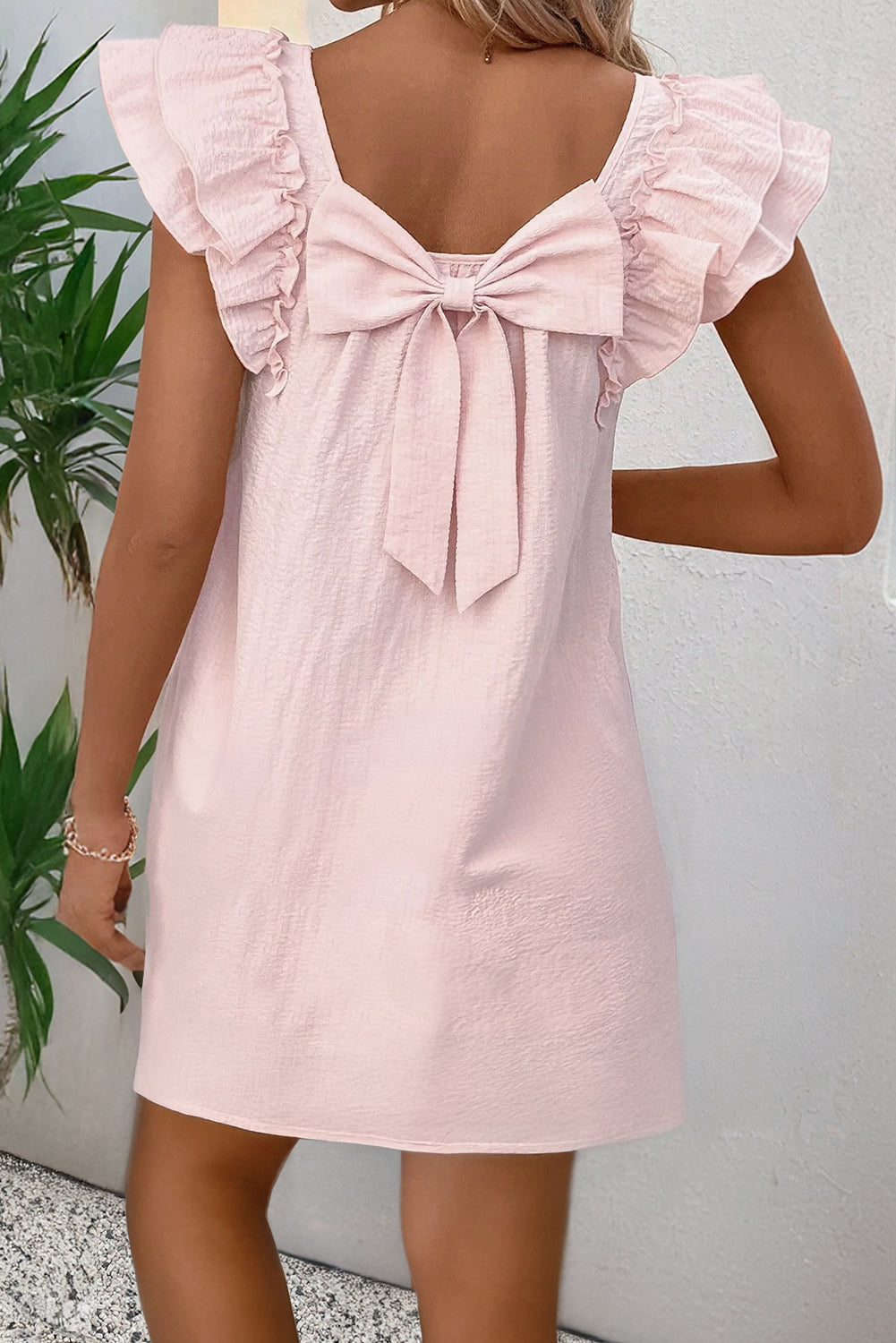 Light Pink Textured Flutter Sleeve Square Neck Bow Back Mini Dress Light Pink / XL Light Pink Textured Flutter Sleeve Square Neck Bow Back Mini Dress Light Pink / XL