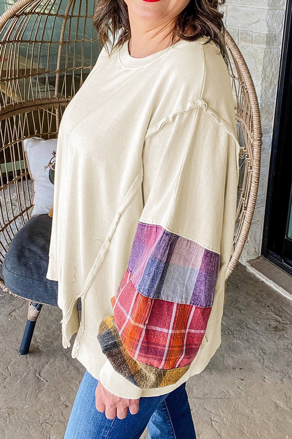 Beige Plus Size Multicolor Plaid Patchwork Sleeve Pullover Top
