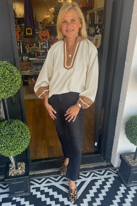 Jet Stream Color Block Patchwork Detail V Neck Textured Long Sleeve Blouse