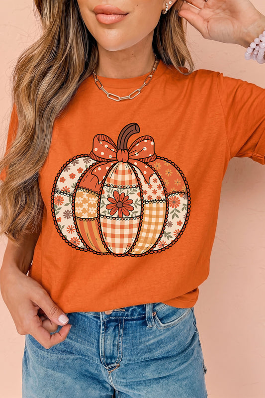 Orange Patchwork Pumpkin Graphic Print Crewneck T-Shirt