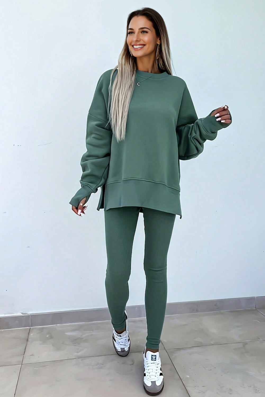 Green Bay Solid Color Oversize Slit Sweatshirt Ribbed Leggings 2pcs Set