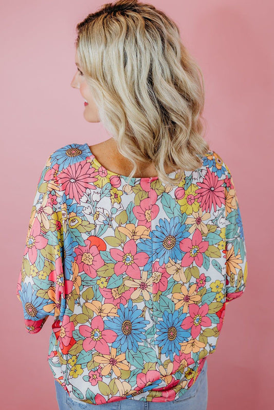 Multicolor Floral Print V Neck Half Sleeve Blouse