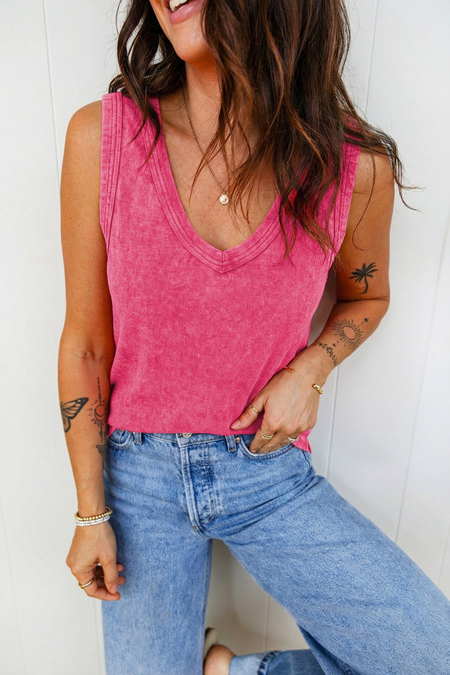 Red Dahlia Mineral Wash V Neck Tank Top