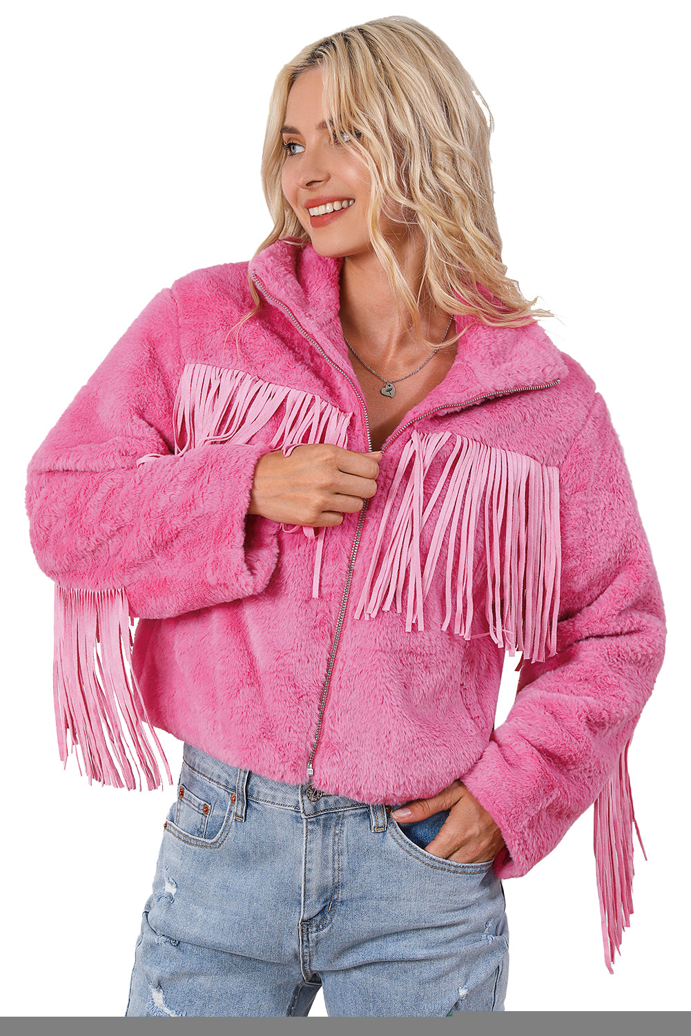 Chaqueta polar con cremallera completa y flecos rosa