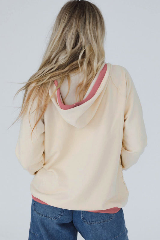 White Contrast Trim Crochet Knit Patchwork Exposed Seam Hoodie