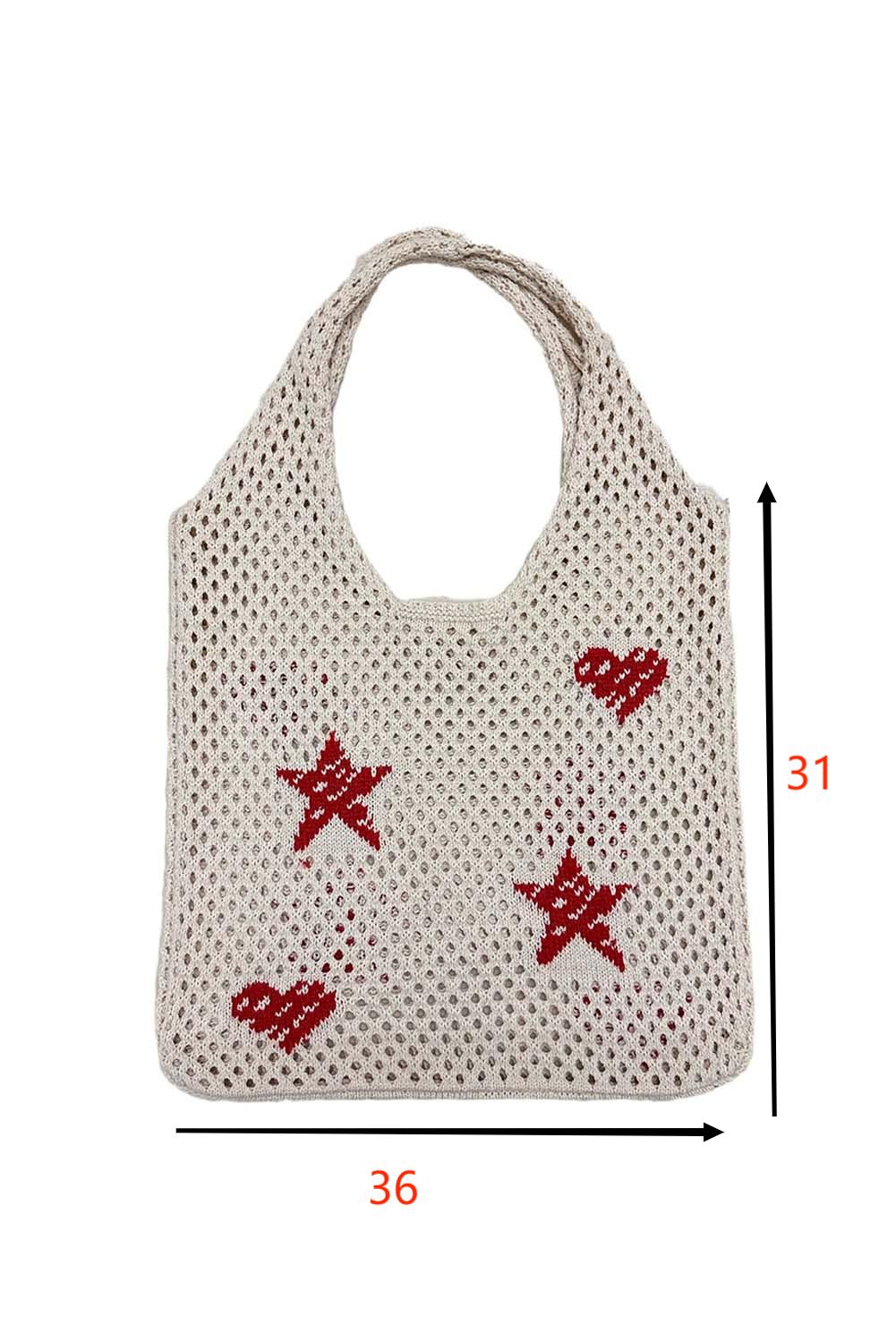 Brown Star Heart Print Hollow Out Knit Shoulder Bag