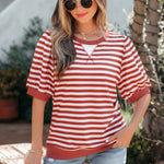 Orange Stripe Short Bubble Sleeve T Shirt