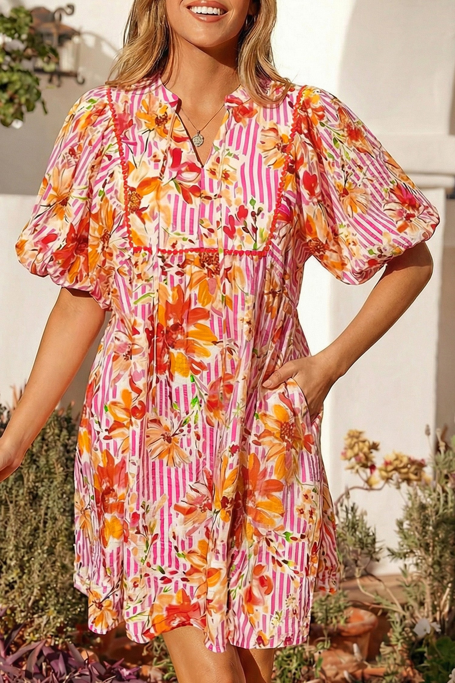 loose printed mini dress Pink Striped Floral Print Tie Neck Puff Sleeve Size:US 8 / UK 6 / EU 39 Country Romantic Casual A-Line BACKLESS DRESSES This loose