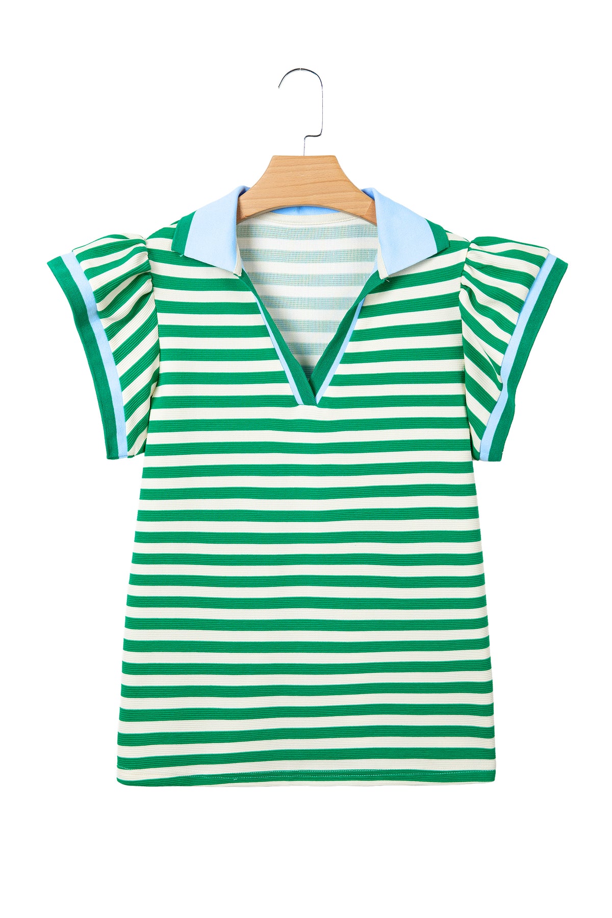 Green Stripe Contrast Trim Polo Collar Ruffled Short Sleeve Blouse