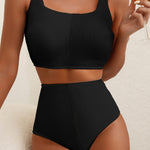 Black Corded Solid Square Neck Bikini Swimsuit
