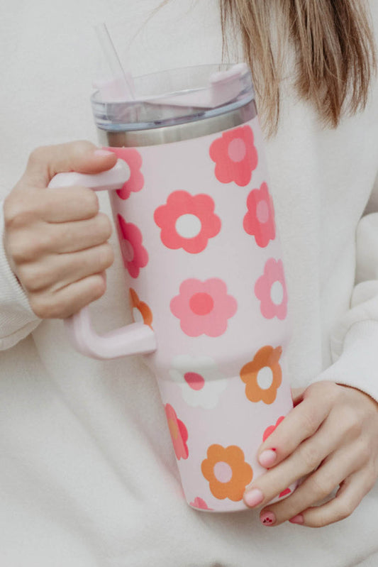 Tasse isotherme en acier inoxydable avec poignée et imprimé floral multicolore
