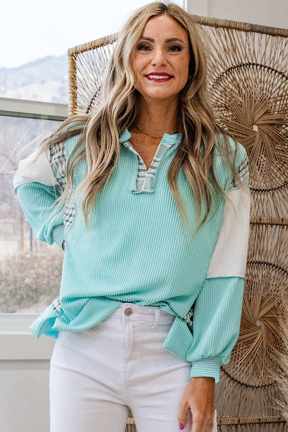 Aruba Blue Corded Texture Colorblock Patchwork Split Neck Long Sleeve Top