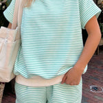 Green Stripe Cuffed Sleeve Contrast Mock Neck Tee Casual 2pcs Short Set