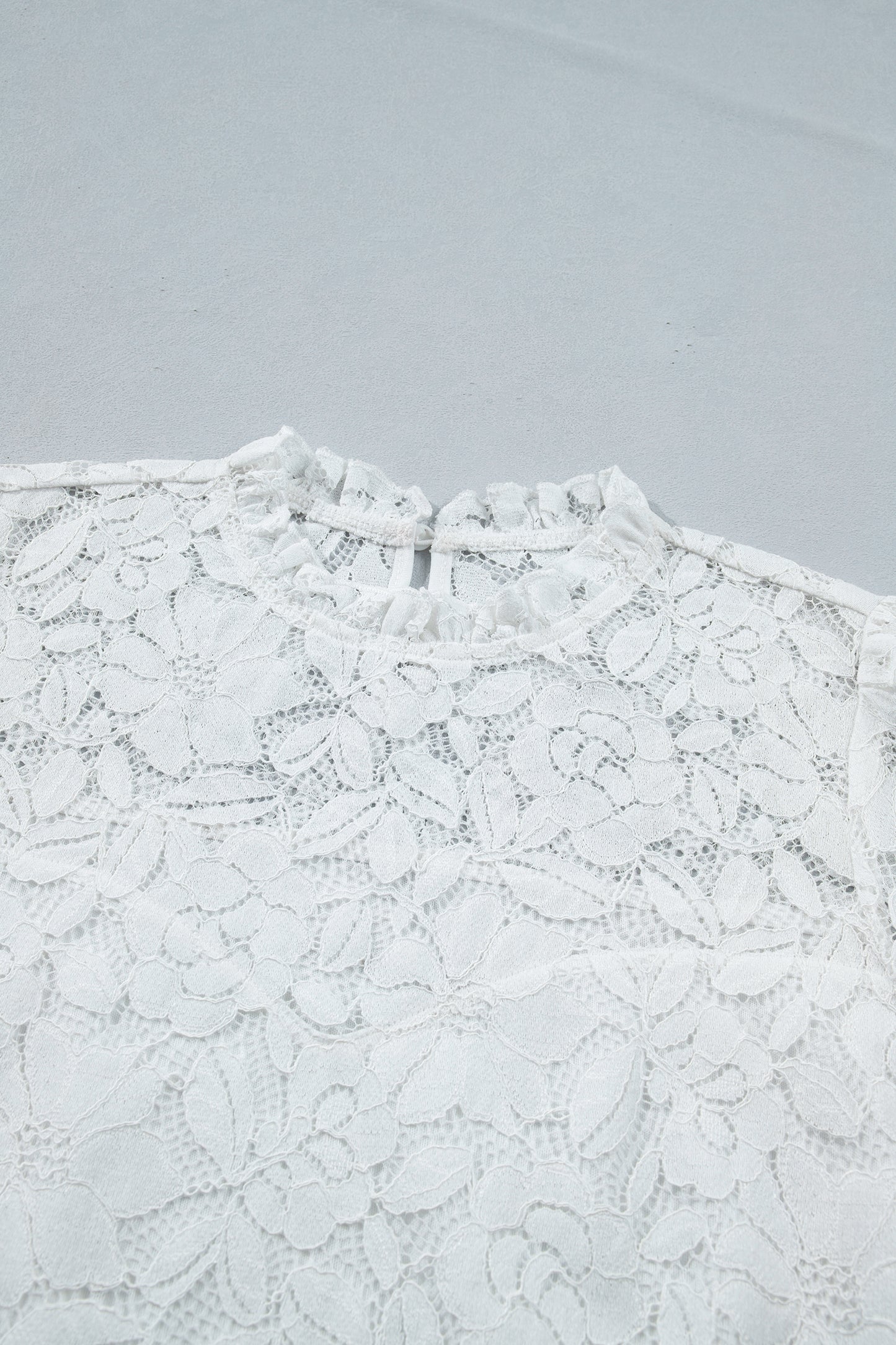 White Ruffled Round Neck Long Flounce Sleeve Sheer Lace Blouse